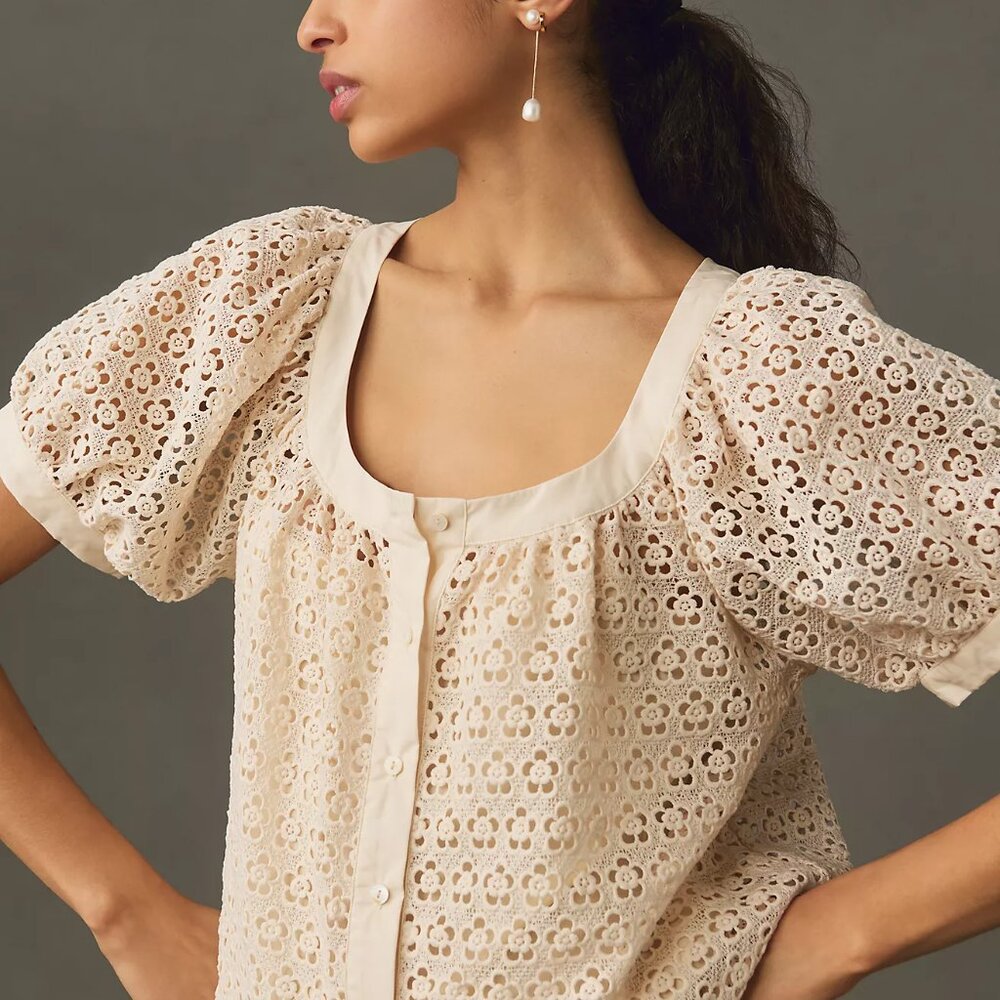 Anthropologie Blue Tassel Puff-Sleeve Lace Blouse - Size L